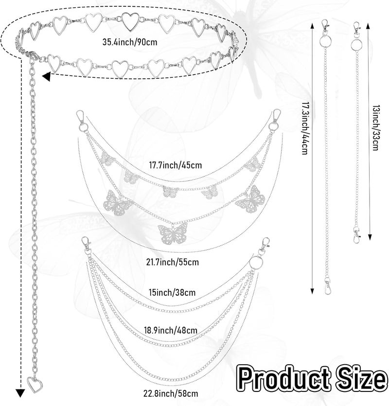 ElevateTech 5Pcs Chain Belt for Women Heart Chain Belt Jeans Pants Pocket Waist Punk Pocket Chains Hip Hop Goth Adjustable Body Accessories Formal Wear Dresses Casual Pants Girls Gift (Silver) - Image 2